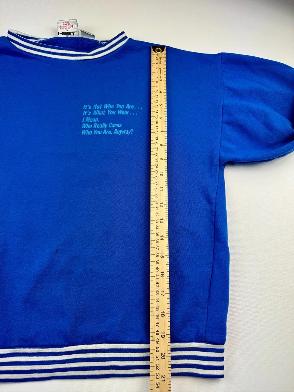 Vintage Chill Out Graphic Varsity Crewneck Sweatshirt Striped Blue Cuffs 1980s